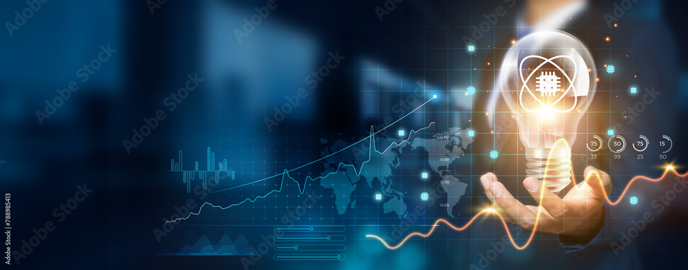 Poster businessman holding creative light bulb with growth graph and quantum computing icons. leveraging qu