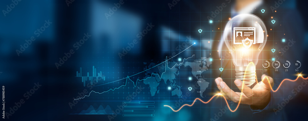 Poster businessman holding creative light bulb with growth graph and security icons. implementing innovatio