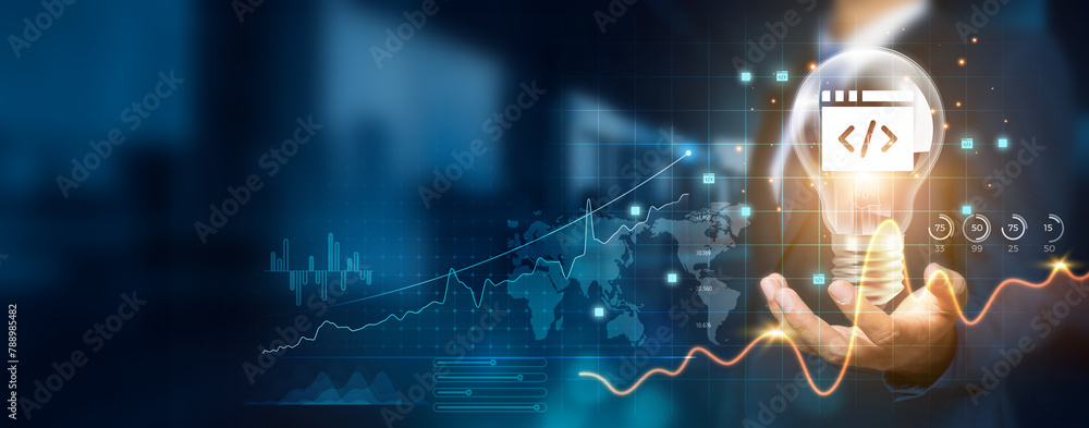 Poster businessman holding creative light bulb with growth graph and web development icons. leveraging inno