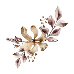 Flower and branch Monochrome arrangement in watercolor maroon color. Abstract plants in dark brown color isolated. Monotone sepia leaves. Design of branding , invitations, printed products, wedding