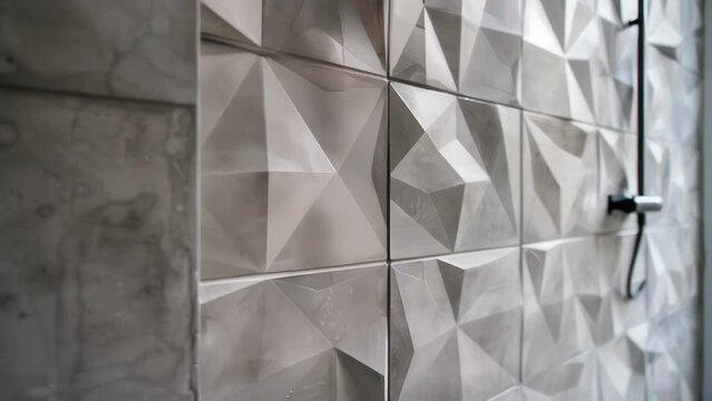 Moving into the bathroom the shower walls are adorned with a stunning concrete tile pattern. Each tile is meticulously handcrafted and arranged in a geometric design giving the impression .