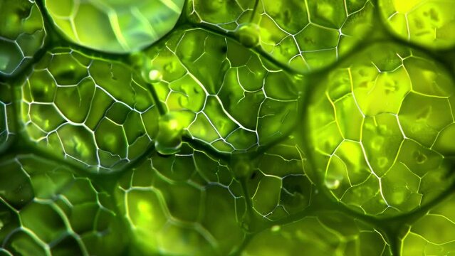 An upclose look at a plant cells chloroplasts which are responsible for photosynthesis and contain green pigments called chlorophyll. . AI generation.