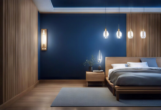 bed room rendering wall flooring parguet dark wood Modern blue interior lamp Vintage 3d three-dimensional apartment architecture background bedchamber chair clean comfort