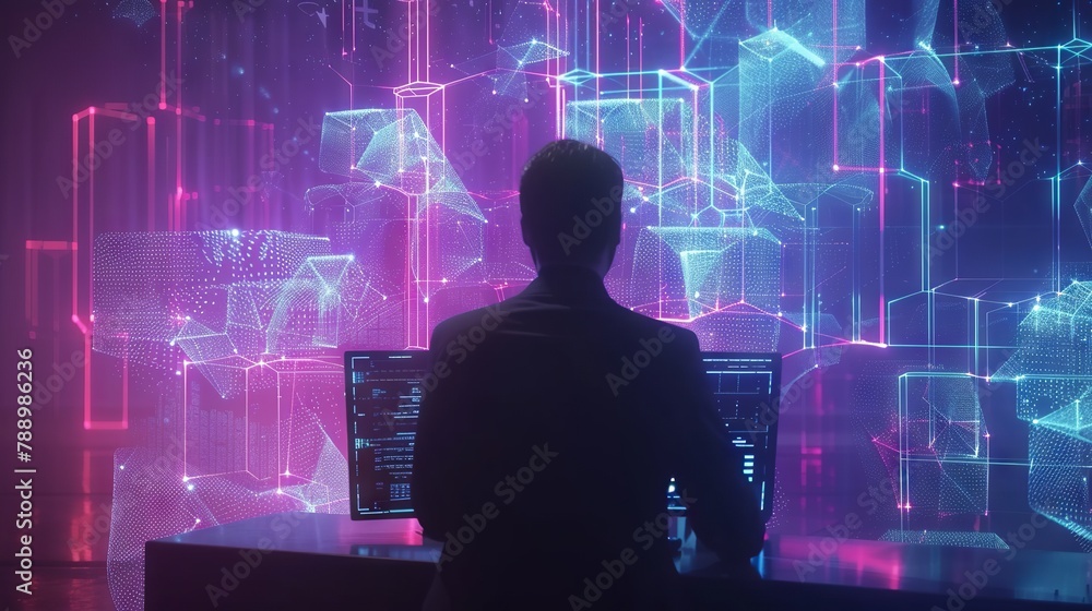 Poster futuristic interface engagement: man interacting with advanced digital technology and internet netwo
