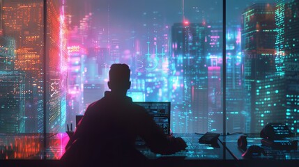 Futuristic interface engagement: man interacting with advanced digital technology and internet network for big data analysis, digital marketing strategies, and exploring the metaverse and NFT domains