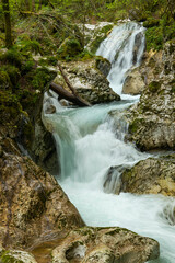 Soča, Bovec, Slovenia. Valley with rapid rivers surrounded by woods. Tibetan wooden bridges. Area for sporting activities such as rafting. Walking and trekking. Amazing turquoise and emerald water.