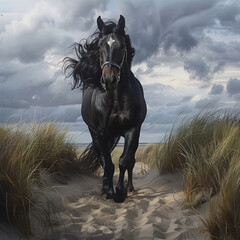 tier, Pferd, hengst, schwarz, mähne, wild, lauf, Düne, Sand, Himmel, gräser, animal, horse, stallion, black, mane, wild, run, dune, sand, sky, grasses