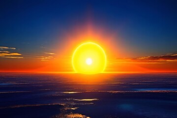 a blazing sun setting over a calm sea