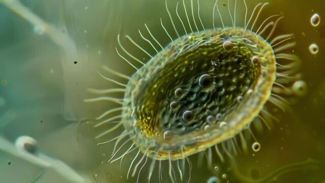 A small ovalshaped paramecium with cilia covering its surface rotating as it moves through a drop of pond water. . AI generation.