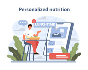 Personalized Nutrition Concept. A man engages with a digital nutrition assistant for a customized meal plan.