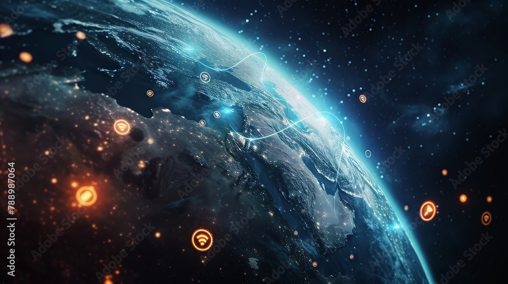 Poster planet earth floating in the cosmic expanse surrounded by luminous digital network symbols represent