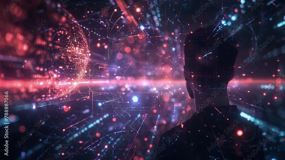 Aufkleber planet earth floating in the cosmic expanse surrounded by luminous digital network symbols represent