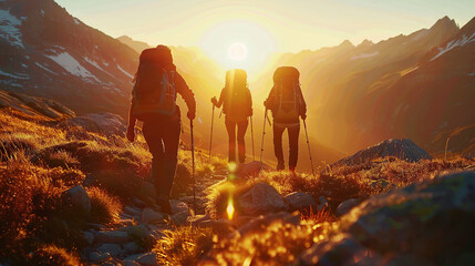 Obraz premium Group tourists of hiker sporty people walks in mountains at sunset with backpacks. Concept adventure with copy space