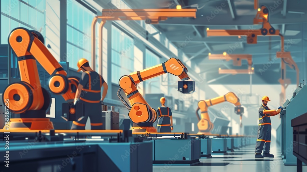 Poster skilled factory team engaging with advanced robotic arm for efficient production in modern industria