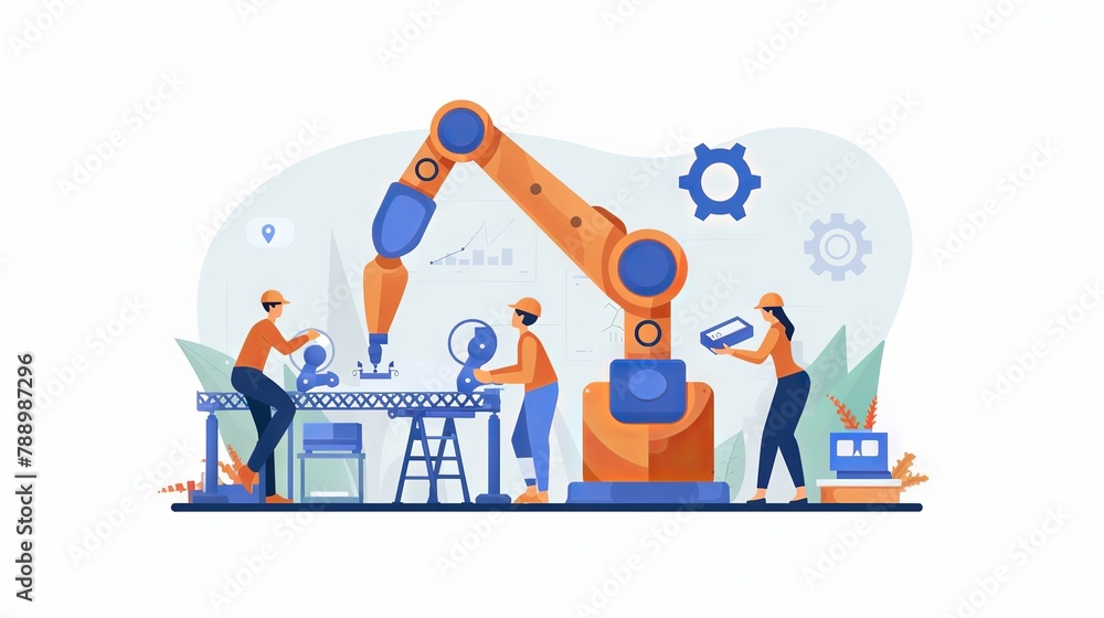 Poster skilled factory team engaging with advanced robotic arm for efficient production in modern industria