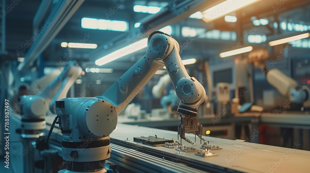 Poster skilled factory team engaging with advanced robotic arm for efficient production in modern industria
