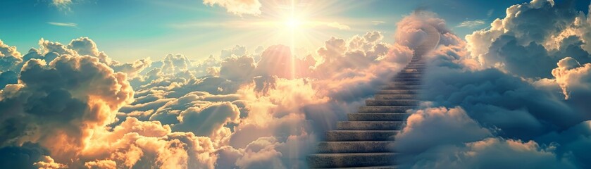 A long staircase ascending into the clouds, each step an achievement, visualizing the path of ambition and the pursuit of goals - obrazy, fototapety, plakaty