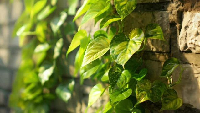The golden pothos plants cascade down from the top of the wall their heartshaped leaves shimmering in the sunlight. .