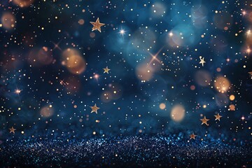 Abstract glitter background with stars, sparkles and golden bokeh lights on navy blue, glowing dust effect. Christmas, New Year, wedding design. Poster, banner, card. Shiny starry sky blurred backdrop - obrazy, fototapety, plakaty