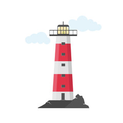 PNG, Large set of flat beacons. Lighthouses with clouds in flat design. Search towers with a searchlight beam for marine navigation of ships. Vector illustration