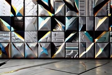 Polished, 3D Wall background with tiles. Herringbone, tile Wallpaper with Semigloss, Concrete blocks. 3D Render Generative AI