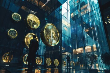 silhouette of a person standing in front of several bitcoin symbols , finance, money