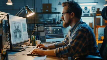 Expert digital engineer crafting precision 3D models with advanced cad software in modern industrial design workspace