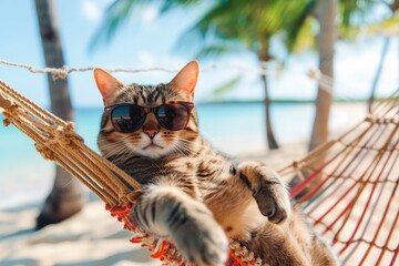 Cute cat in sunglasses lies relaxed in a hammock on the beach against the background of the ocean sea on a sunny day, summer holiday concept, travel advertising