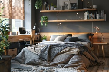Modern home bedroom interior with bed and workplace, wooden shelf