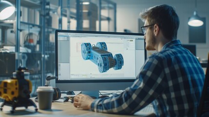 Expert digital engineer crafting precision 3D models with advanced cad software in modern industrial design workspace