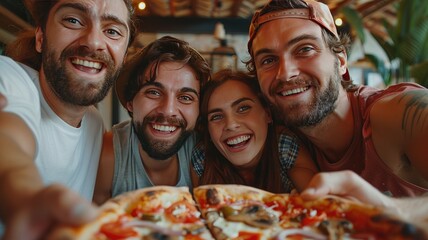 pals enjoying pizza and snapping a group selfie - obrazy, fototapety, plakaty