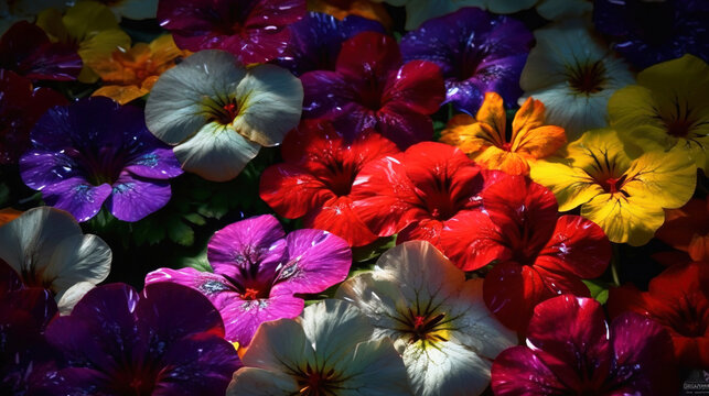 Background of African fresh beautiful different kind of colored flowers. AI generated.