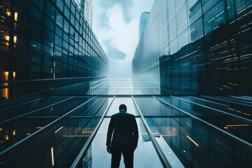 businessman standing tall with buildings - obrazy, fototapety, plakaty