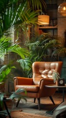 A large brown leather chair in the middle of a room surrounded by greenery and flowers, vertical
 - obrazy, fototapety, plakaty