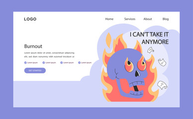 Professional burnout web banner or landing page. Skull on fire.