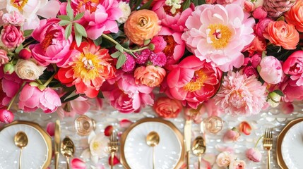 Obraz premium Celebrate Mother s Day with a stunning table arrangement featuring gleaming golden cutlery and vibrant peony blooms captured in a gorgeous flat lay presentation