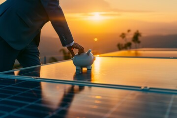 a businessman in a sharp suit placing a ceramic piggy bank on top of solar panels, golden sunrise