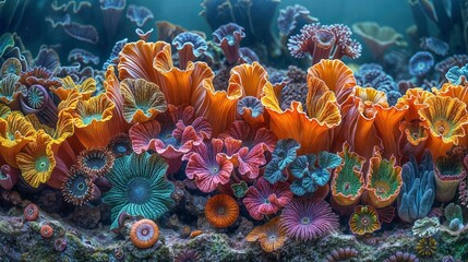 Colorful undersea photograph of a coral ecosystem with sea anemones