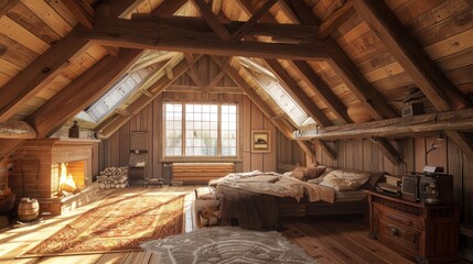 Interior of a charming attic bedroom with a fireplace and wooden beams