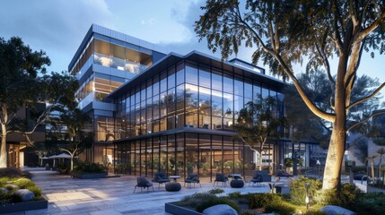 Fototapeta na wymiar Contemporary office building with glass exterior and an outdoor terrace, 3d rendered