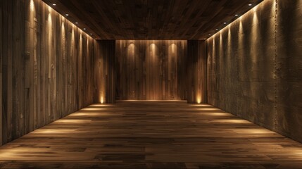 Dark minimalist room with wood paneled walls and a wooden floor, 3d rendering