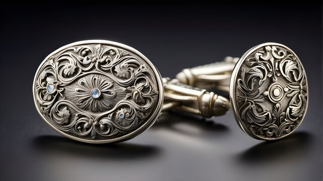 :A pair of antique Victorian-era cufflinks crafted from sterling silver and engraved with intricate designs,

