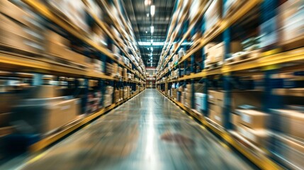 Blurry view of a warehouse interior with shelves full of goods