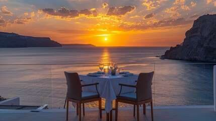 Romantic sunset dinner on a terrace overlooking the ocean - obrazy, fototapety, plakaty
