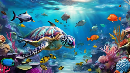 Fototapeta na wymiar A turtle and flowers, in big sea.