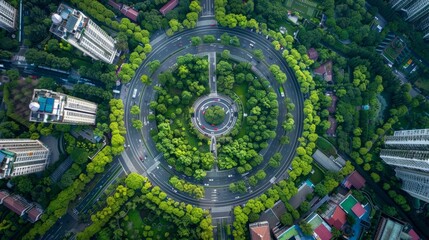 Top-down aerial view of a roundabout in a verdant urban landscape