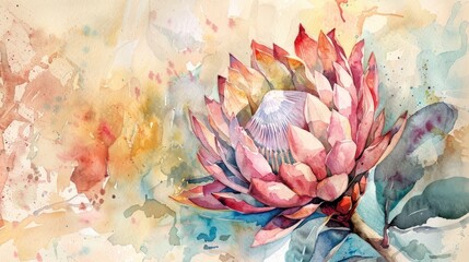 Watercolor illustration of a protea flower set against a vibrant background