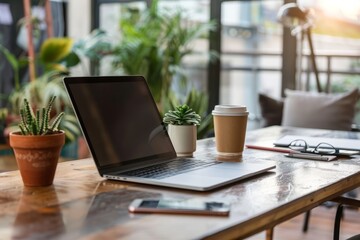 Fototapeta premium laptop and coffee in a table at a Cafe , freelancer, working remotely