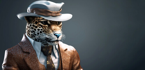 Gentleman, the boss is a formidable spotted leopard in a hat, suit and tie. Banner header. AI generated.