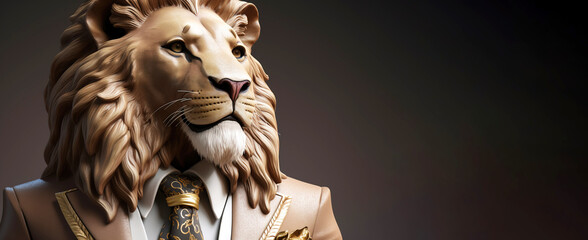 Gentleman, the boss is a formidable lion with a mane in a hat, suit and tie. Banner header. AI generated. - obrazy, fototapety, plakaty
